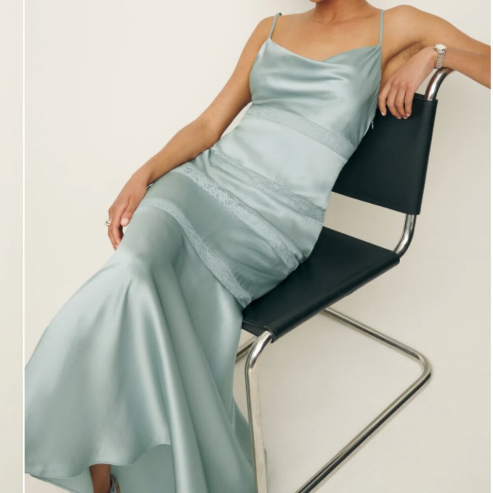 Reformation Riah Silk Dress with lace in Aquamarine- Size 0 NWT - Picture 2 of 4